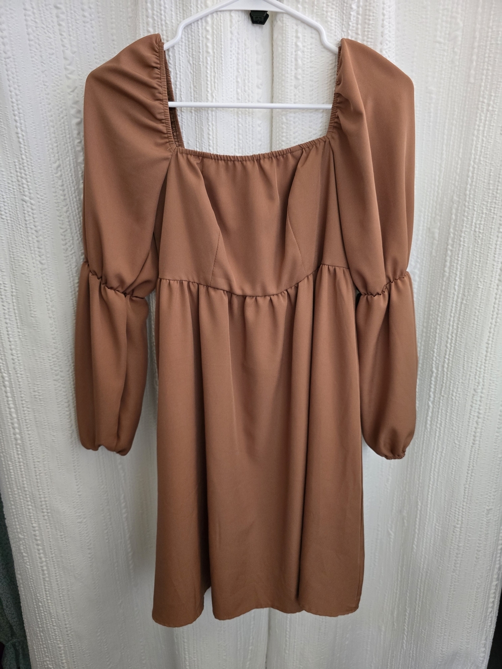 Square Neck Long Sleeve Mini Dress in Rust Brown